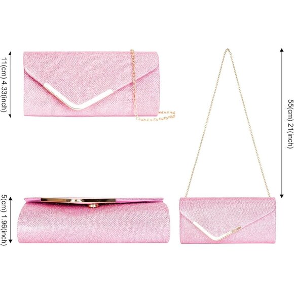 Women's Pink Shiny Sequin Envelope Clutch Evening Bag With Chain Fashion Sparkly - Picture 7 of 7